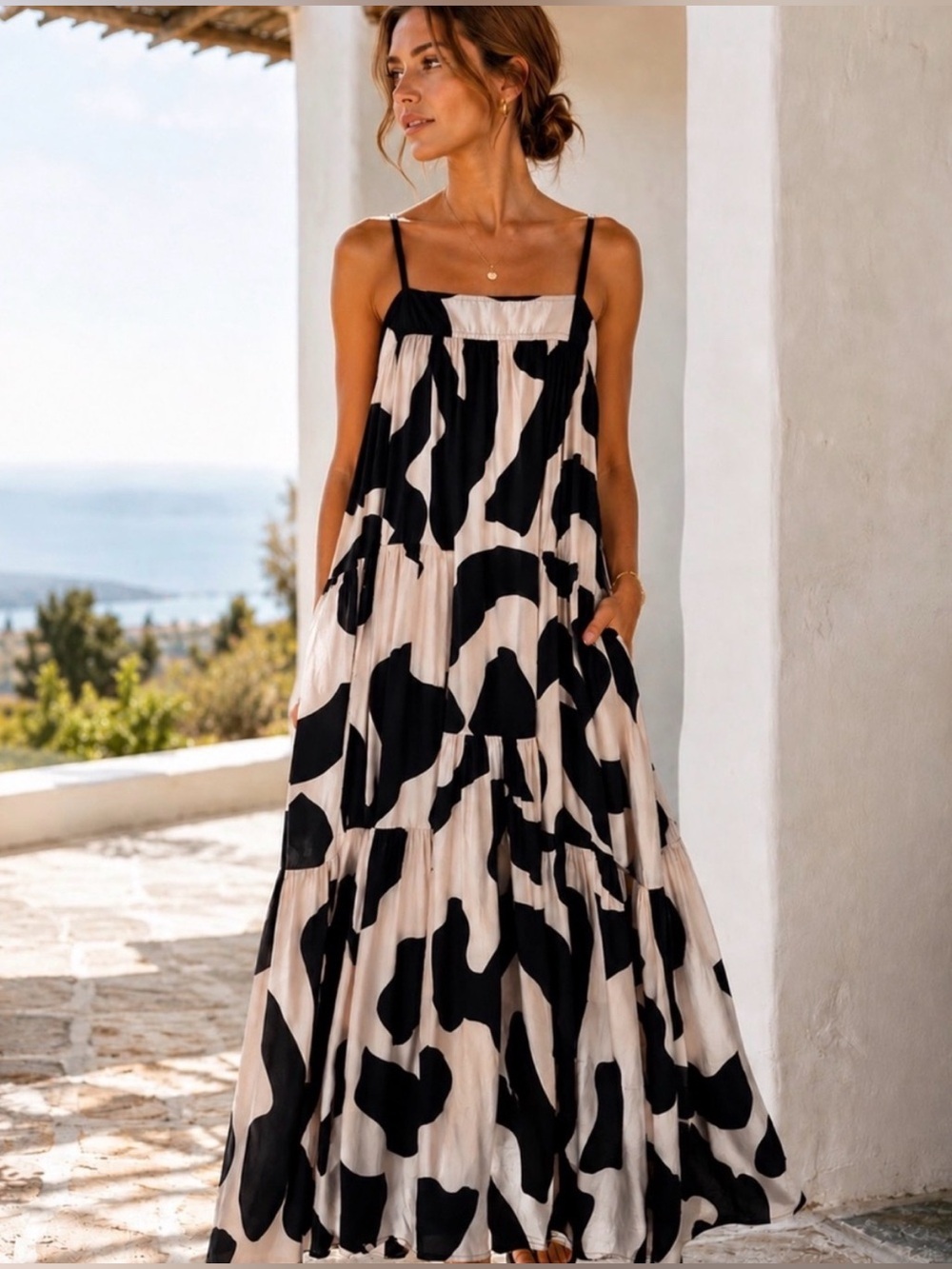 Abel the Label Black & Off White Abstract Print Spaghetti Strap Maxi Dress